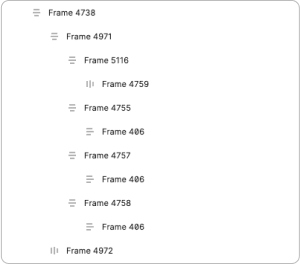 Frame panel in Figma with multiple nested frames named Frame and a sequential number
