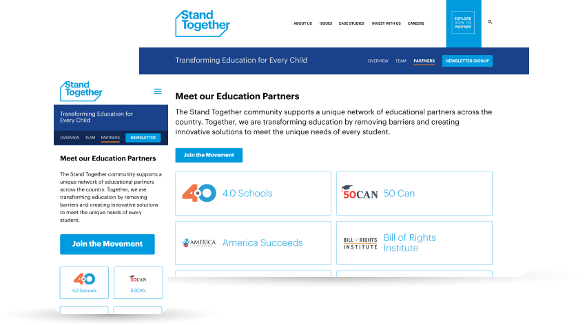 web and mobile meet our partners screens for Stand together education campaign