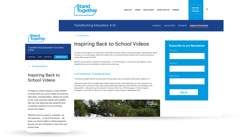 web and mobile newsletter post screens for Stand together education campaign