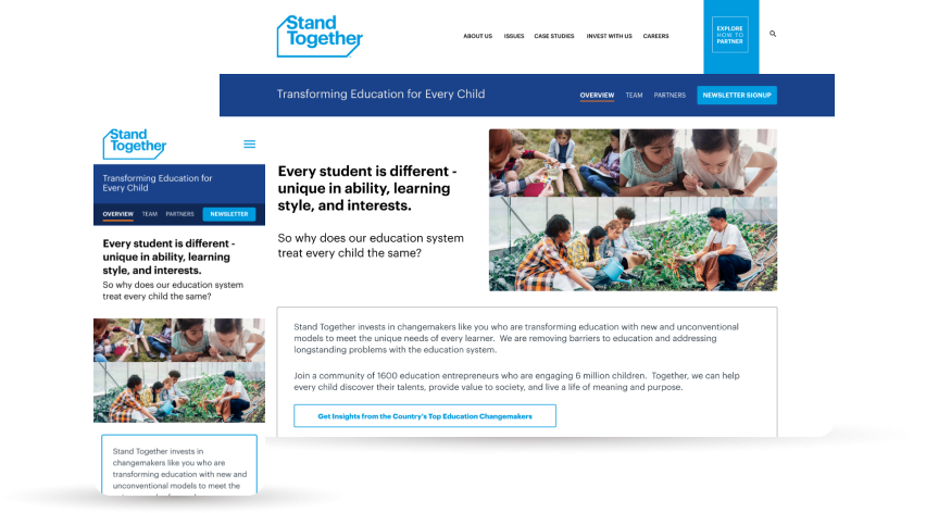web and mobile overview screens for Stand together education campaign