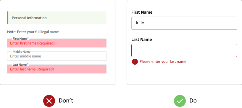 Purposeful validation message for form entry errors.