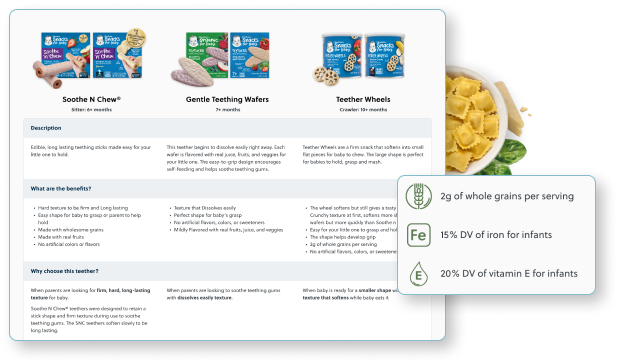 Elements on the Gerber website product pages focus on nutrition and the quality of healthy ingredients.