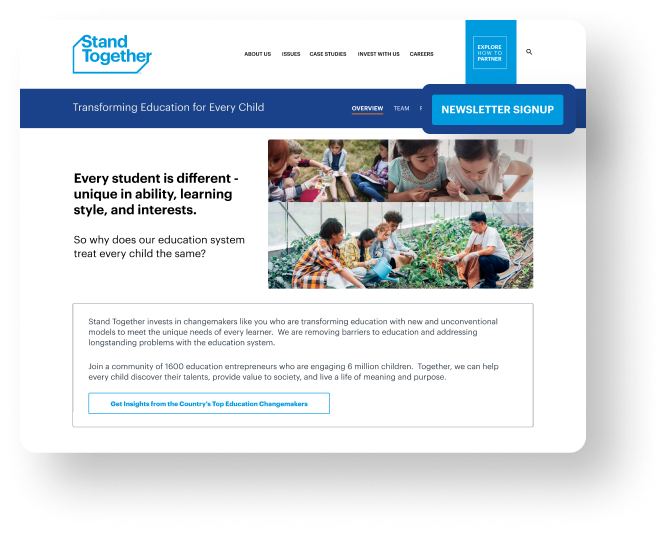 screen for Stand together education campaign, highlighting the join newsletter button