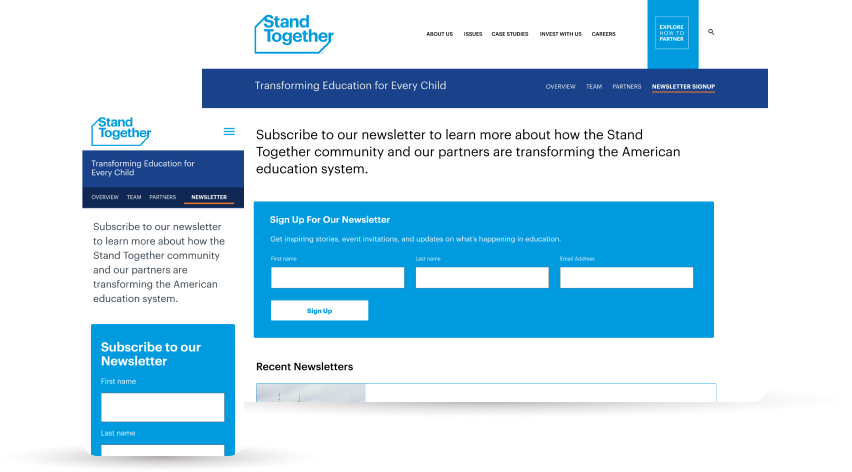 web and mobile newsletter screens for Stand together education campaign